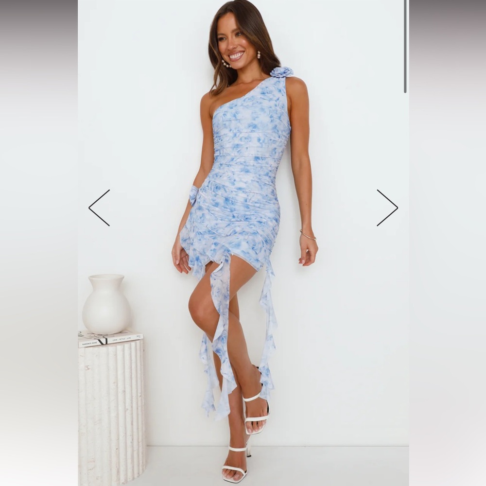 HELLO MOLLY CHICEST OF ALL ONE SHOULDER FRILL MESH MINI DRESS BLUE